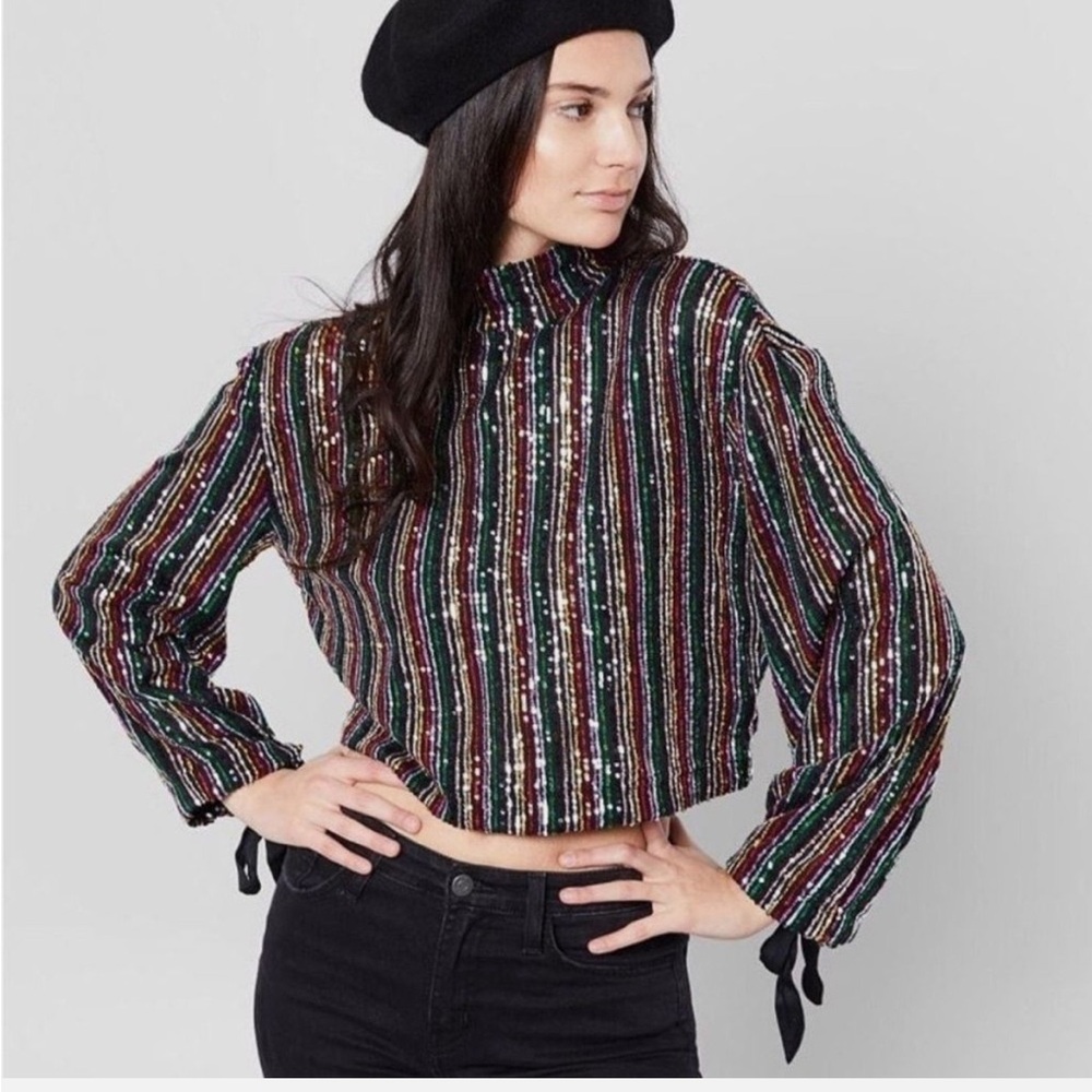 Free People Sequin Stripe Long Sleeve Blouse